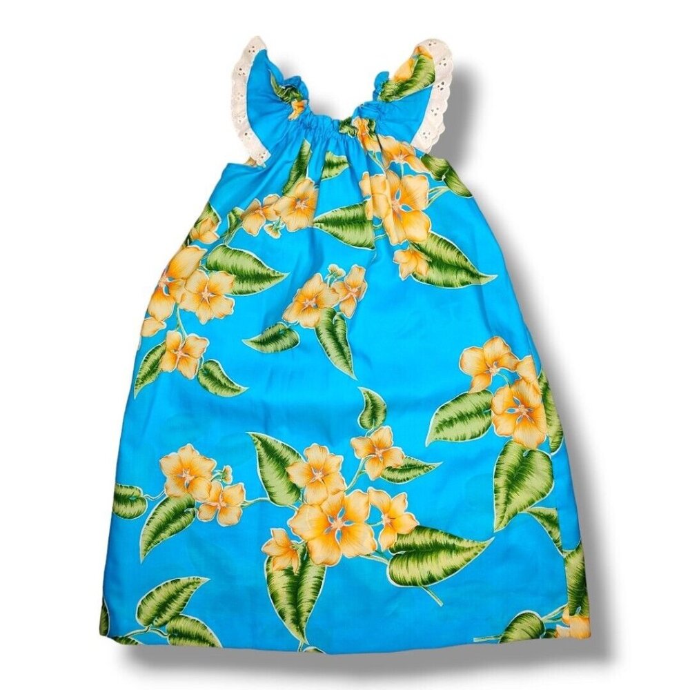 Hawaiian Dress Baby Girl Size 2T Sleeveless Ruffle Floral Pullover Blue Vintage